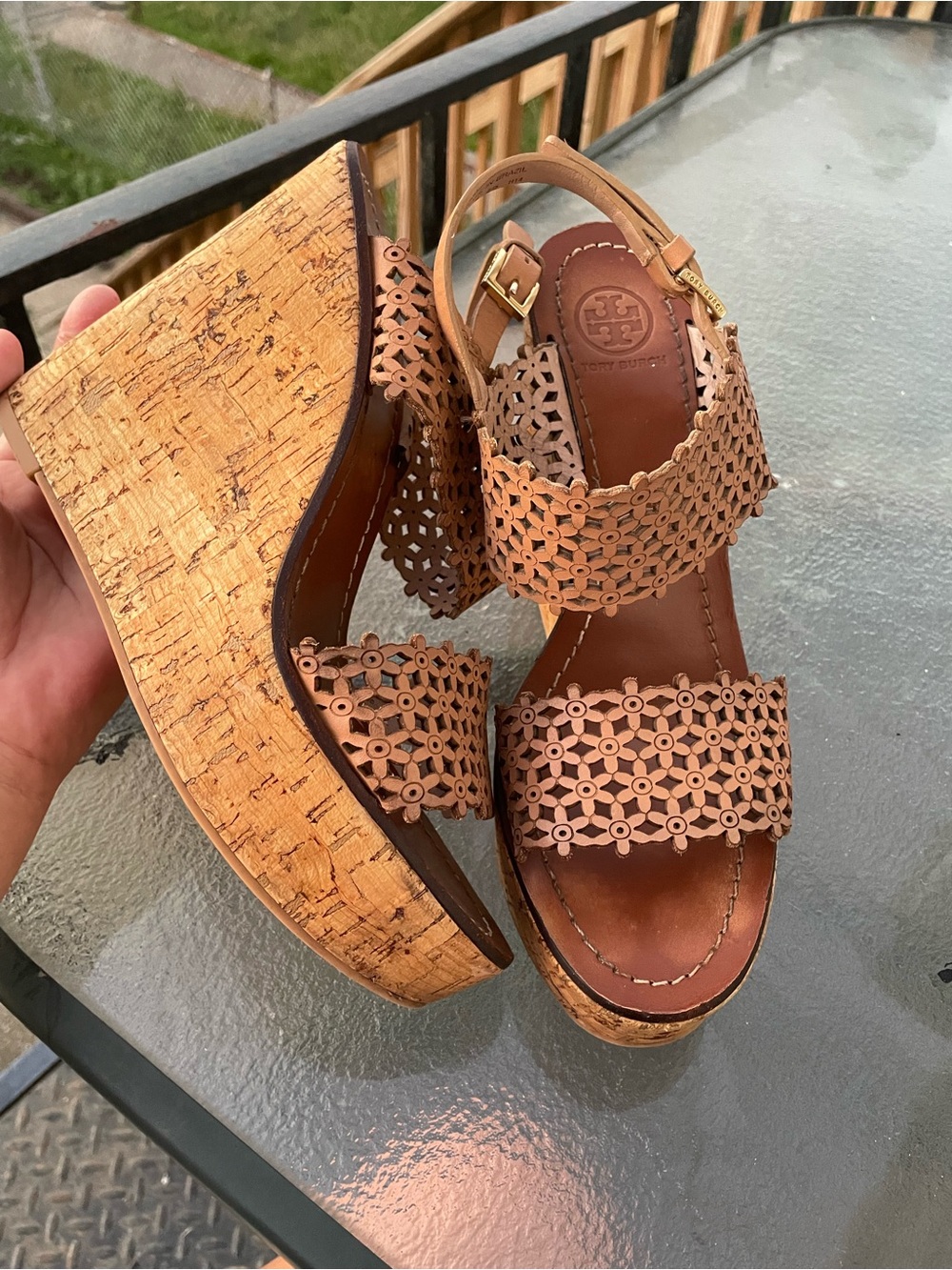 Tory Burch Tan Cork Floral Laser-Cut Wedge Sandals